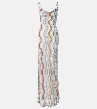 Волнообразное открытое платье макси с ламе Missoni, Multicolor w/White Base