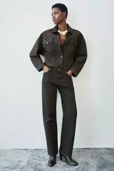 Вощеные прямые джинсы со средней талией ZARA, коричневый
