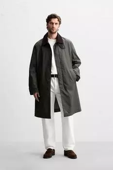 Вощеный тренч с контрастным воротником ZARA, цвет Dark khaki