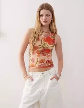 Восстановленная винтажная майка с косым воротом и акварельным тропическим цветочным принтом Reclaimed Vintage