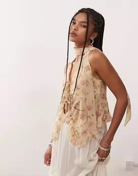 Восстановленная винтажная шифоновая блузка с цветочным принтом, оборками, завязкой спереди и подходящим шарфом масляно-желтого цвета Reclaimed Vintage