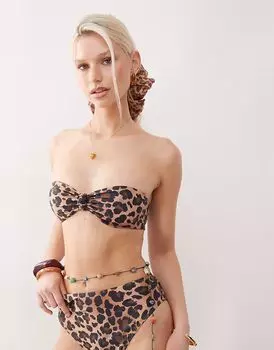 Восстановленный винтажный леопардовый принт без бретелек бикини с узлом Reclaimed Vintage