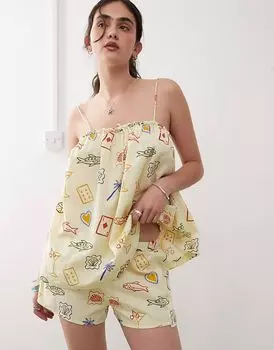 Восстановленный винтажный надеваемый на пляж шорты с принтом желтой открытки Reclaimed Vintage