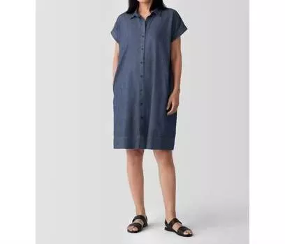 Воздушное платье-рубашка из органического хлопкового твила в цвете деним Eileen Fisher, цвет denim