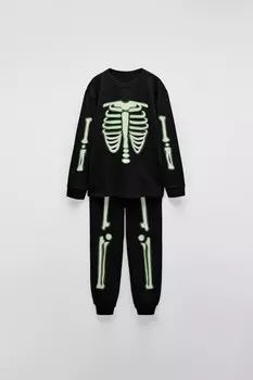 Возраст 6-14 лет/пижама со светящимся в темноте скелетом ZARA, черный