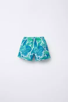 Возраст от 6 до 14 лет/ плавательные шорты-бермуды с принтом листьев ZARA, цвет Turquoise