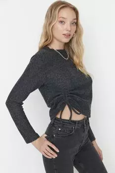 Вязаная блузка антрацитового цвета в рубчик со сборкой на талии Trendyol, серый
