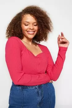 Вязаная блузка на молнии с квадратным вырезом фуксии Trendyol, розовый