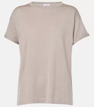 Вязаная футболка из кашемира и шелка Brunello Cucinelli, Smokey Taupe