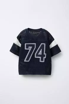 Вязаная футболка с вышитым номером ZARA, темно-синий