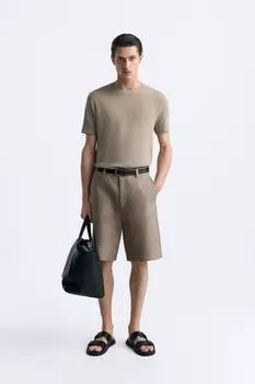 Вязаная хлопковая футболка ZARA, коричневый/серо-коричневый