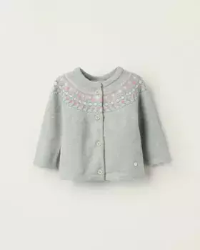 Вязаная кофта для девочки с цветочным жаккардом Zippy, светло-зеленый