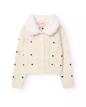 Вязаная кофта для девочки с меховым воротником и застежкой на пуговицы Boboli, белый