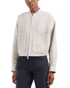 Вязаная кожаная и льняная бомбер-куртка с накладными карманами Emporio Armani, серебряный