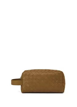 Вязаная кожаная сумка для бритья цвета хаки Bottega Veneta