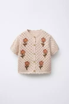 Вязаная крючком футболка с цветком ZARA, цвет Beige-pink