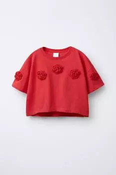 Вязаная крючком футболка с цветком ZARA, красный