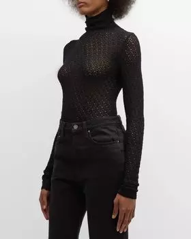 Вязаная крючком футболка с высоким воротником и длинными рукавами Toteme, цвет Black