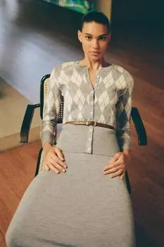 Вязаная куртка с узором «диамант» с поясом ZARA, цвет Grey/Natural