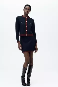Вязаная куртка с золотыми пуговицами ZARA, темно-синий
