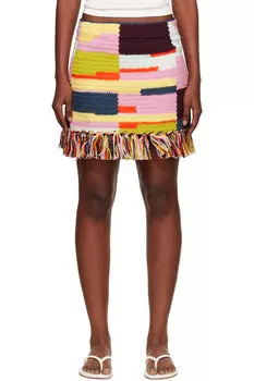 Вязаная мини-юбка с бахромой The Elder Statesman, цвет sunset patchwork
