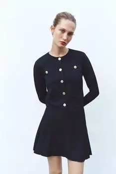 Вязаная мини-юбка в клетку в складку ZARA, темно-синий