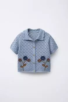 Вязаная рубашка поло с цветочным узором крючком ZARA, светло-синий