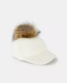 Вязаная шапка цвета экрю с меховым помпоном Navarro