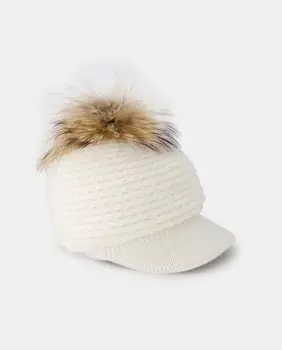 Вязаная шапка цвета экрю с меховым помпоном Navarro