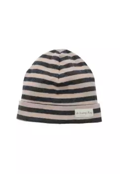 Вязаная шапка-лилипутка "серый меланж и бежевые полоски" с милой нашивкой Liliput, бежевый