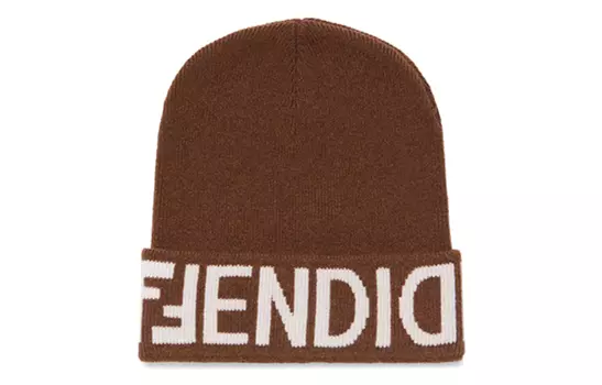 Вязаная шапка с логотипом и интарсией FENDI, коричневый
