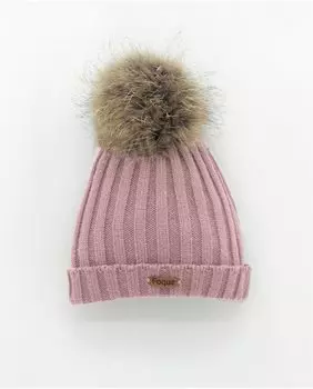 Вязаная шапка с натуральным помпоном розового цвета Foque, розовый