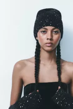 Вязаная шапка с пайетками ZARA, черный
