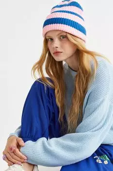 Вязаная шапка с узором в рубчик H&amp;M, ярко-синий/полосатый