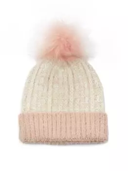 Вязаная шапка в рубчик с помпоном Marcus Adler NY из искусственного меха Marcus Adler, цвет Ivory Pink