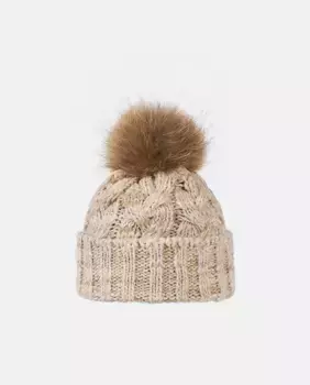 Вязаная шапка верблюжьего цвета с помпоном из натурального меха Navarro