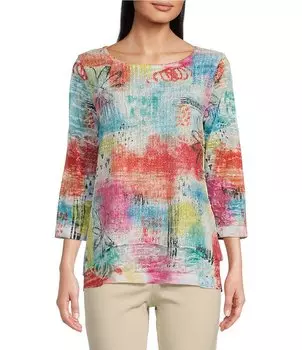Вязаная туника Ali Miles миниатюрного размера с круглым вырезом и рукавами 3/4 с абстрактным принтом, двухслойная туника-поповер, мультиколор