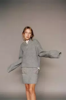 Вязаная юбка с накладными карманами ZARA, серый/синий
