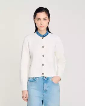 Вязаная женская куртка со съемным воротником с рюшами Sandro, белый