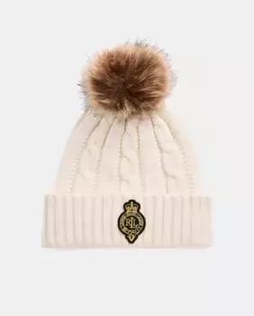 Вязаная женская шапка с помпоном и логотипом Lauren Ralph Lauren, кремовый