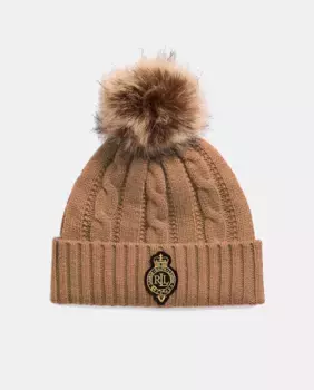 Вязаная женская шапка с помпоном и логотипом Lauren Ralph Lauren, коричневый