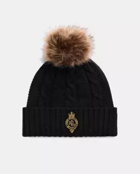 Вязаная женская шапка с помпоном и логотипом Lauren Ralph Lauren, черный