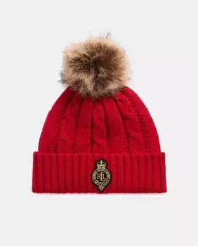 Вязаная женская шапка с помпоном и логотипом Lauren Ralph Lauren, красный