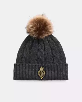 Вязаная женская шапка с помпоном и логотипом Lauren Ralph Lauren, темно-серый