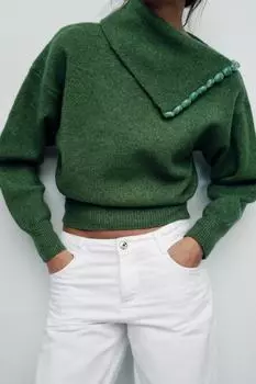 Вязанный свитер с шипами ZARA, зеленый