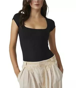 Вязаное боди с квадратным вырезом и рукавами Free People, черный