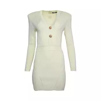 Вязаное короткое платье Balmain с длинными рукавами и V-образным вырезом, цвет Черный