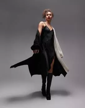 Вязаное макси-карди с контрастной отстрочкой Topshop Tall черного цвета с камнем