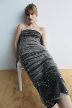 Вязаное миди-платье с бусами ZARA, черный
