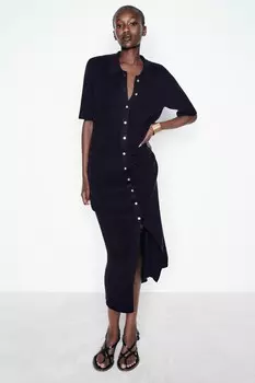 Вязаное миди-платье с пуговицами ZARA, темно-синий